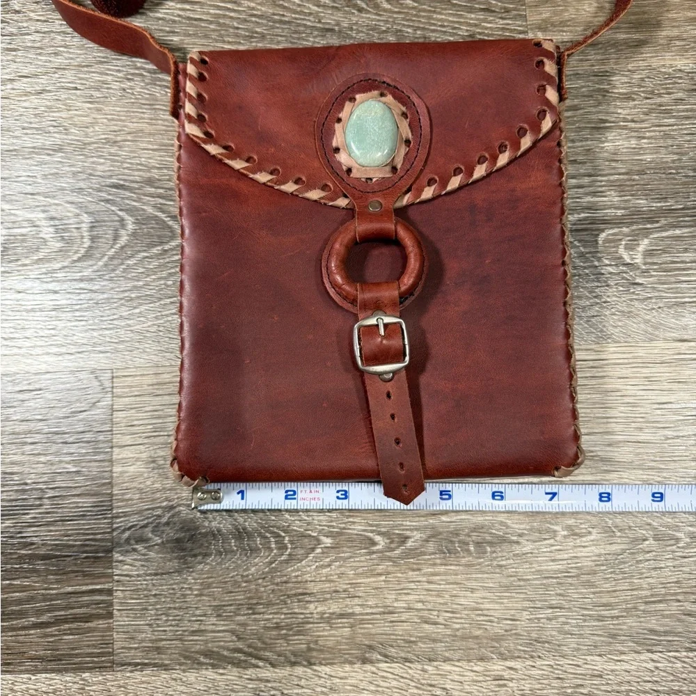 Handmade Messenger Bag‎ Genuine Leather with Jade Stone Artisan w/Adjust. Straps